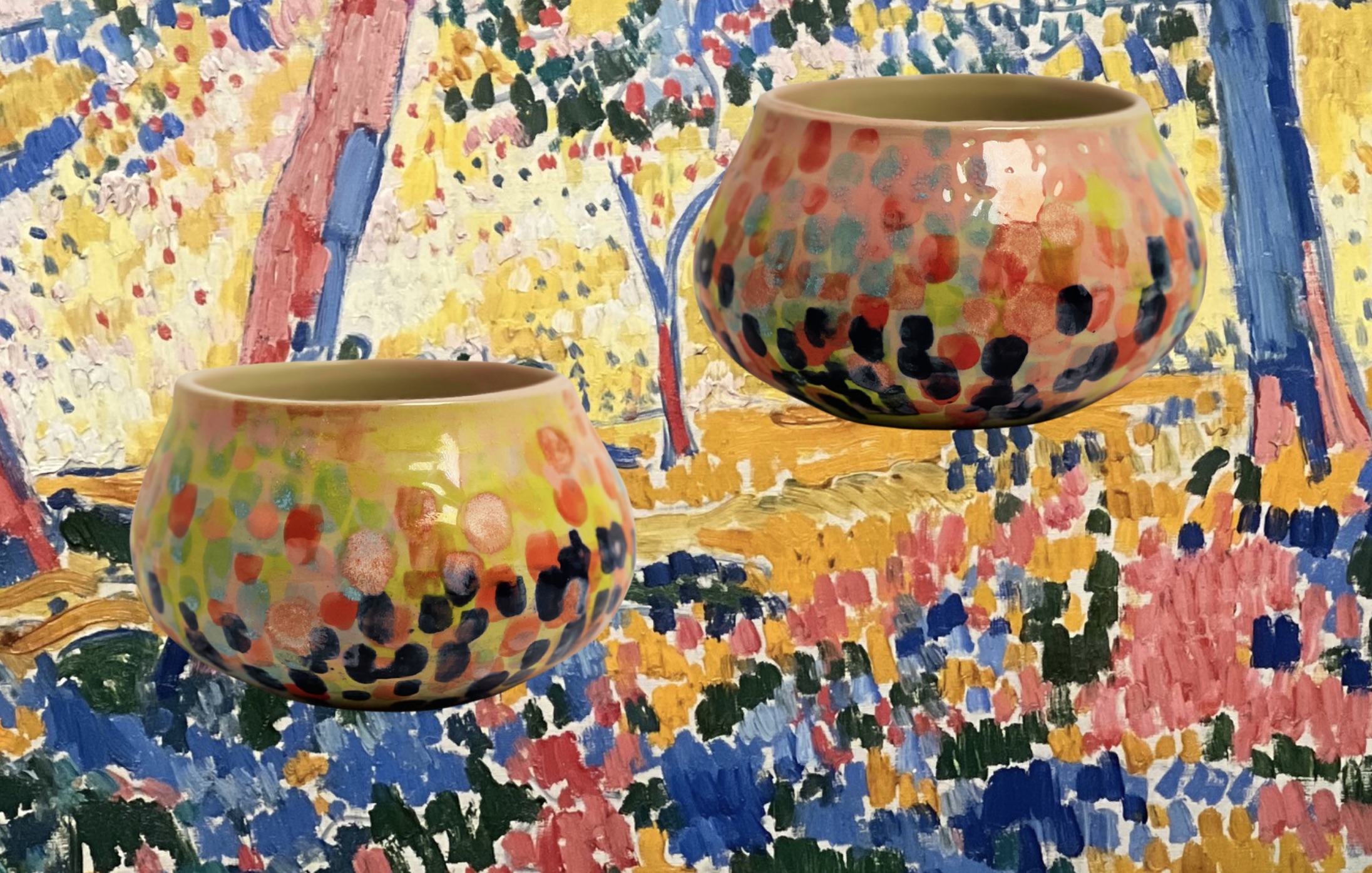 Spotted ceramic bowls over a fauvist painting reference