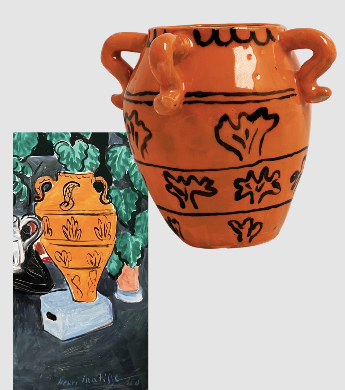 Orange handled ceramic jug beside its painting reference